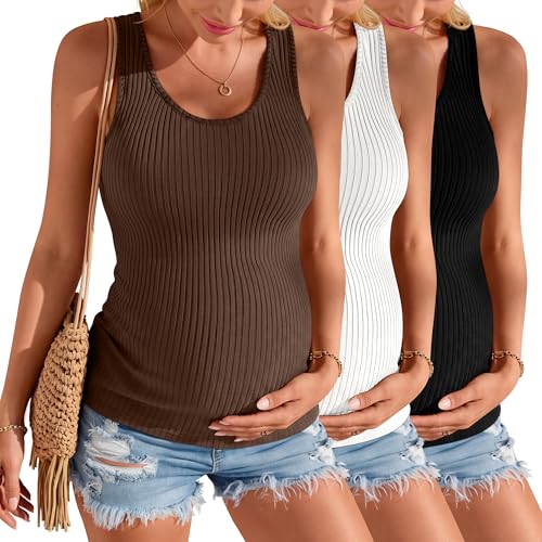 Locoowai 3 Pack Women's Maternity Tank Tops - color: Coffee, White, Black, size: Small