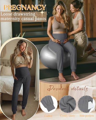 3 Pack Womens Maternity Pants Loose Pregnancy Joggers - color: Black, Light Heather Gray, Dark Heather Gray, size: Medium