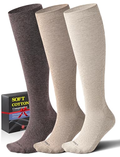 Soft Cotton Compression Socks for Women & Men 20-30 mmHg - Knee High Support Socks with Thick Sole and Seamless Toe - color: 3 Pairs - Natural Land, size: Small-Medium