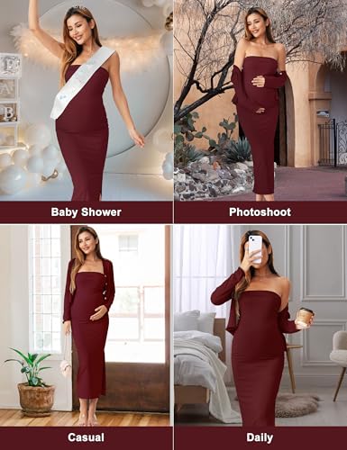 2 Piece Strapless Maternity Dress & Cardigan Set for Baby Shower - color: Burgundy, size: Medium