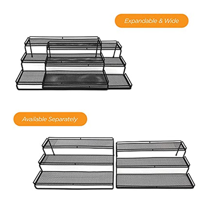 3 Tier Wide Expandable Cabinet Spice Rack Organizer (14.5" to 29.1") - Step Shelf with Protection Railing, Black - color: Large & Wide
