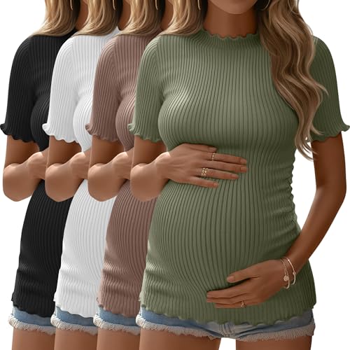 4 Pack Maternity T Shirts - color: Gray Green, Coffee, White, Black, size: Medium