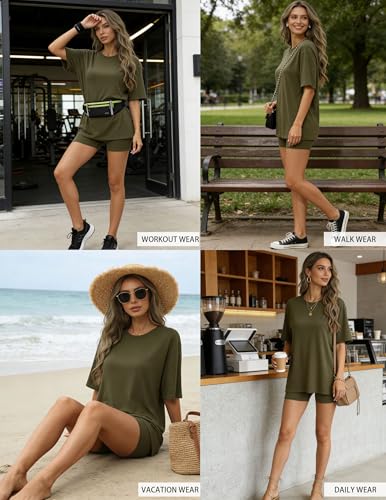 Womens Loungewear Oversized T-shirts and Biker Shorts - color: Army Green, size: Small