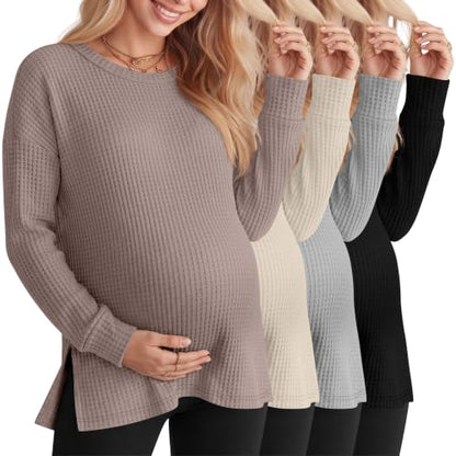 Xaatren 4 Pack Womens Maternity Long Sleeve Shirts Waffle Tops - color: Camel, Beige, Light Gray, Black, size: Medium