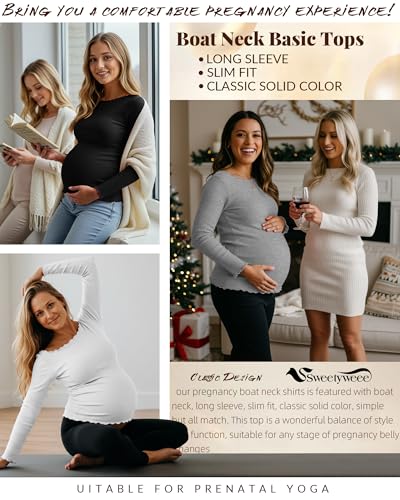 3 Pack Women's Maternity Long Sleeve Cotton Shirts - color: Black, White, Light Gray, size: Small
