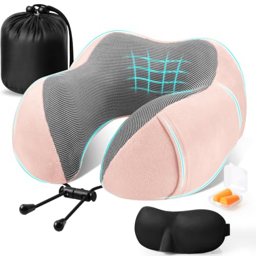 CloudBliss Neck Pillow for Airplanes, Memory Foam Travel Pillow, Pink - color: Pink