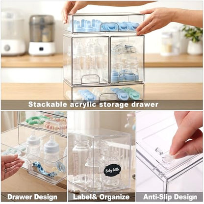 Baby Bottle Organizer, Stackable Storage Drawers with Labels and Hooks