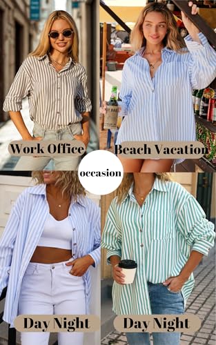 CHYRII Women's Striped Button Down Long Sleeve Blouse - color: Blue, size: Medium