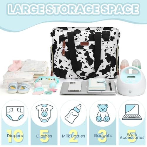 Pritent Baby Diaper Bag Tote,Waterproof Maternity Breast Pump Bags for Mom - color: Cowprint