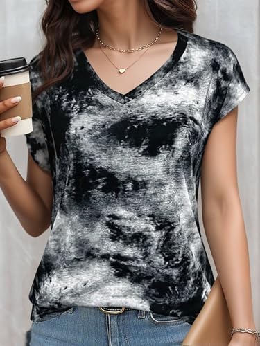 Flamingals Womens Short Sleeve V Neck Summer Tops - color: Black Multi, size: X-Small
