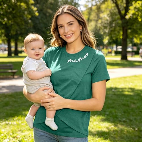 Nursing Breastfeeding Shirt for Women Friendly Double Layer Postpartum Tops - color: Green, size: Medium