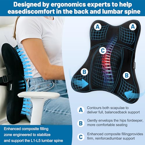 Lumbar Support Pillow, Memory Foam Back Cushion for Car & Office Chair - Black - color: Black