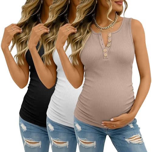 3 Pack Maternity Tank Tops Ribbed Tops - color: Khaki, White, Black, size: Medium
