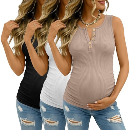3 Pack Maternity Tank Tops Ribbed Tops - color: Khaki, White, Black, size: X-Large