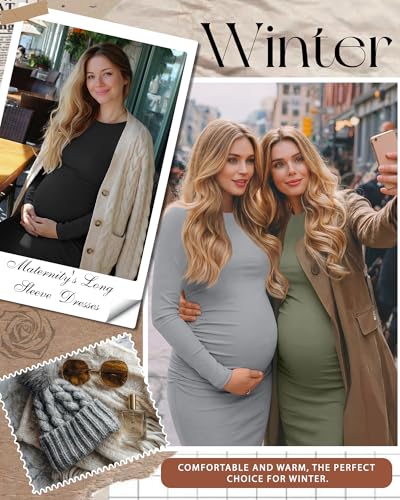 Riyiper 3 Pack Women's Long Sleeve Maternity Dresse - color: Army Green, Light Gray, Black, size: X-Large