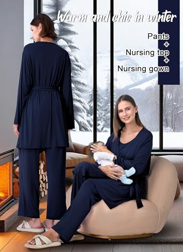 Rnxrbb 4PCS Year-Round Nursing Pajamas Robe Set Postpartum Breastfeeding Pj - color: Navy, size: Large