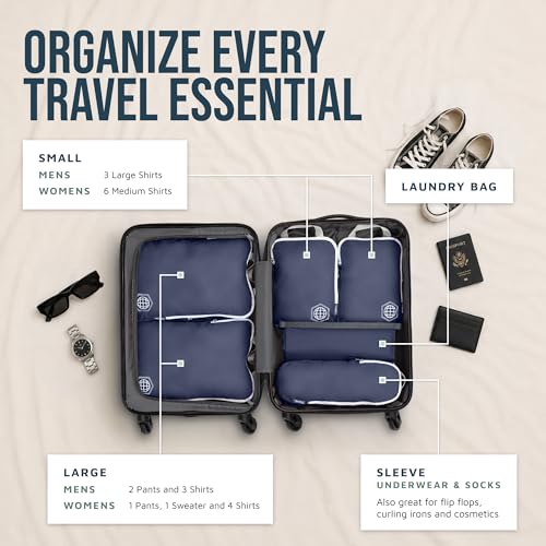TRIPPED Travel Gear Compression Packing Cubes for Carry-On Travel 6-Pack - color: Nautical Navy (Navy Blue and White), size: 6 Piece