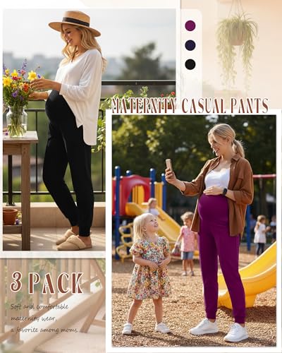 Oakgarden 3 Pack Women's Maternity Pants Over the Belly Joggers - color: Black, Navy Blue, Fuchsia, size: Small