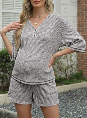 BLENCOT Maternity Pajamas Nursing Set Shorts Pregnancy Pj Sets - color: Grey, size: XX-Large
