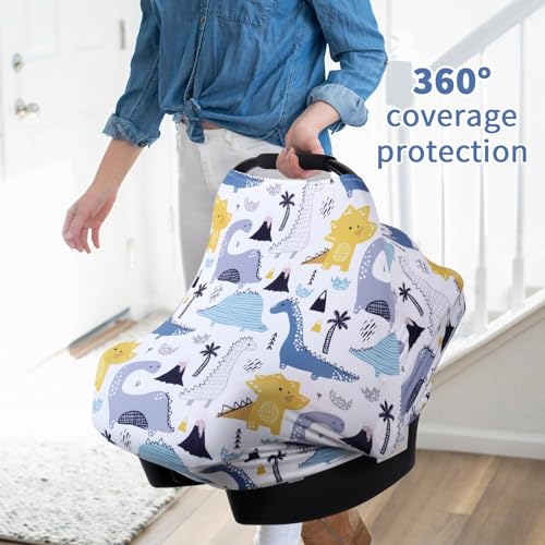 Rquite 4-in-1 Baby Car Seat Canopy, Stretchy Nursing Breastfeeding Cover - color: Blue Dinosaur