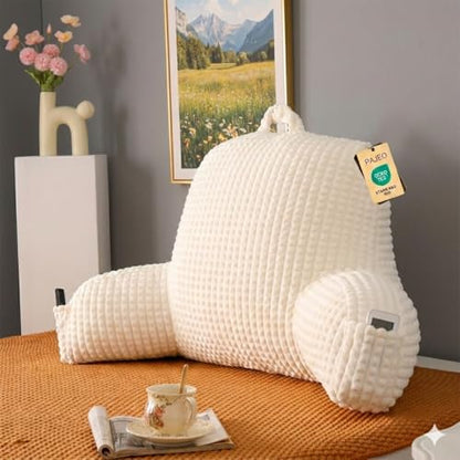 Reading Pillow with Arms for Sitting in Bed,Backrest,White Flannel,M - color: Cream, size: Standard(17")
