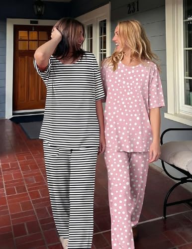 Ekouaer 2 Pack Womens Pajamas Sets Short Sleeve Long Pants Pjs Lounge Set - color: Pink Dots/Black Striped, size: Large