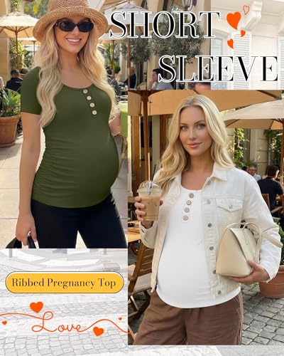 4 Pack Maternity Shirts for Women - color: Army Green, White, Light Heather Gray, Black, size: Small