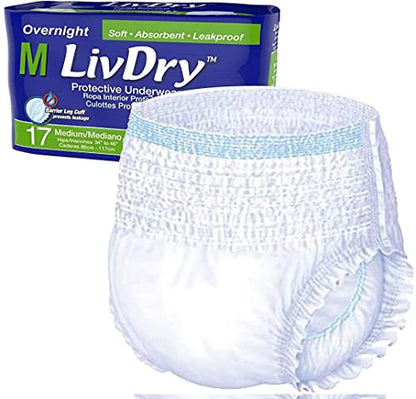 LivDry Adult Incontinence Underwear, Extra Absorbency with Overnight Comfort Bundle - Medium, Bag