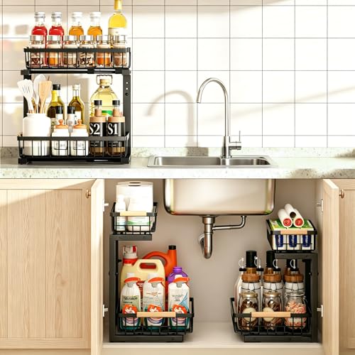 REALINN Under Sink Organizer, Adjustable 2 Tier Pull Out Kitchen Bathroom - color: Black, size: 1 Pack