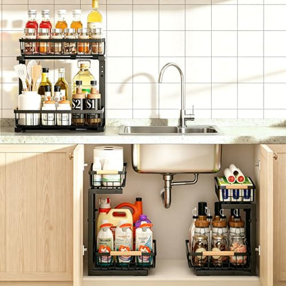 REALINN Under Sink Organizer, Adjustable 2 Tier Pull Out Kitchen Bathroom - color: Black, size: 1 Pack