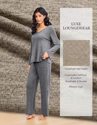Ekouaer Fall Pajamas for Women Set Long Sleeve V Neck 2 Piece Lounge Sets - color: Grey, size: Medium