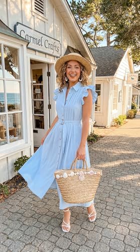 ZESICA Womens Summer Button Midi Dress Casual Work Dresses - color: Light Blue, size: X-Large