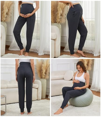 3 Pack Women's Maternity Sweatpants Over The Belly Pregnancy Jogger Pants Stretchy Maternity Pants with Pockets - color: Black/Dark Gray/Light Gray, size: Medium
