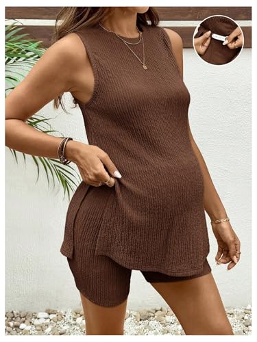 OYOANGLE Women's Two Piece Maternity Outfit Slit Hem Sleeveless Shorts Set - color: Brown, size: Medium