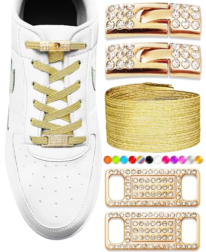 Elastic No Tie Shoe Laces with Bling Diamond Locks & Charms for Women's Sneakers - color: 03 Glitter Gold