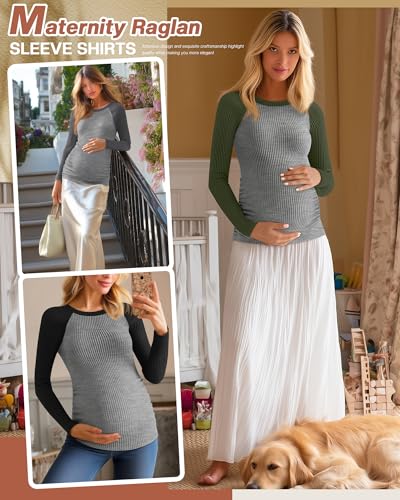 Neer 3 Pack Maternity Long Sleeve Shirts Ribbed Pregnancy Tops - color: Black, Dark Gray, Army Green, size: Medium