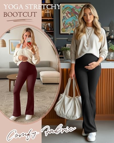 3 Pack Maternity Over The Belly Flared Leggings Pants - color: Wine Red, Navy Blue, Black, size: XX-Large