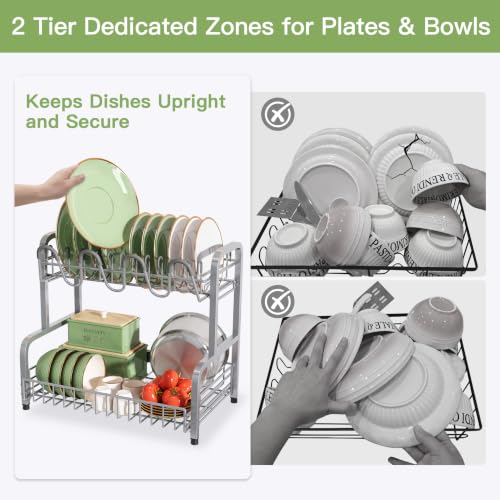 BOOSINY 2 Tier Stainless Steel Dish Drying Rack for Kitchen Counter - color: Silver, size: 10.8" D x 14.7" W x 15.9" H