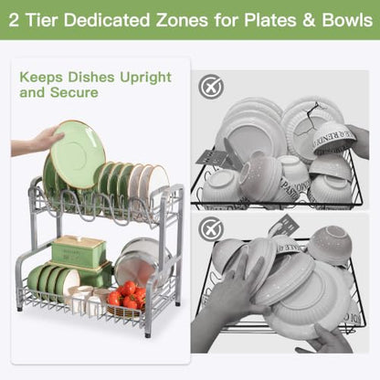 BOOSINY 2 Tier Stainless Steel Dish Drying Rack for Kitchen Counter - color: Silver, size: 10.8" D x 14.7" W x 15.9" H