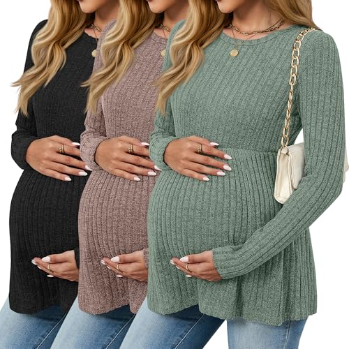 3 Pack Maternity Sweaters Long Sleeve Ribbed Shirts - color: Green, Brown, Black, size: XX-Large
