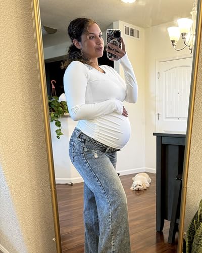G4Free BareFeel Pregnancy Workout Tops Maternity Long Sleeve Shirts Ruches - color: White, size: Medium