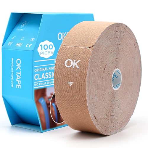 OK TAPE Kinesiology Tape 100 PCS Precut Elastic Strips Bulk 2inx10in/PCS - color: Beige, size: 100 PCS