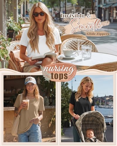 3 Pack Nursing Tops for Women - color: Khaki, White, Black, size: XX-Large