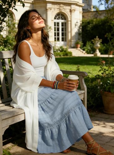 BLENCOT Women's Boho Tiered High Waisted Cotton Long Flowy Skirt - color: Blue, size: Large