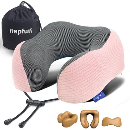 napfun Neck Pillow for Travel, Memory Foam Airplane Pillow, Pink - color: Pink