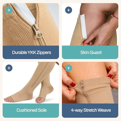 Open Toe Zipper 20-30mmHg Graduated Compression Socks for Men Women Stocking - color: Beige, size: Large-X-Large