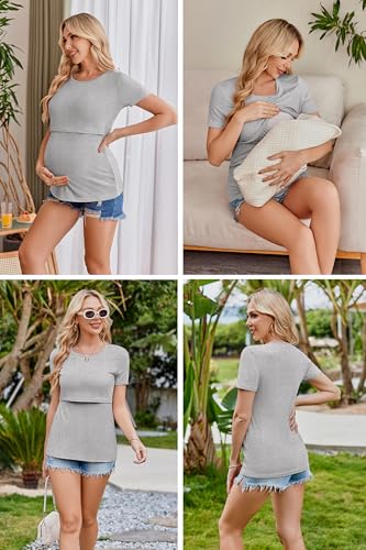 Ekouaer Nursing Tops 3 Pack Short Sleeve Maternity Breastfeeding Shirts - color: 3pcs Black / Dirty Pink / Light Grey, size: X-Large