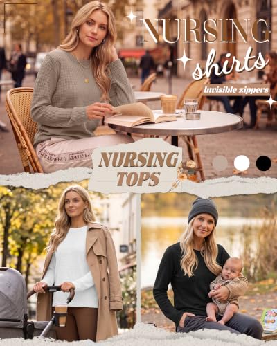 Neer 3 Pack Women's Nursing Hidden Zipper Long Sleeve Shirts - color: Khaki, White, Black, size: Medium