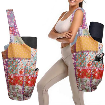 Yoga Mat Bag Carrier for Women Workout Large Waterproof with Zipper Pocket, Keychain and Wide Shoulder Straps - color: boho patchwork