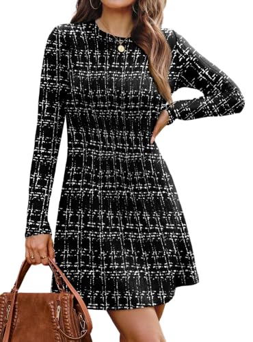 OFEEFAN Fall Dresses for Women 2026 Long Sleeve Crew Neck Sweater Dress - color: Black Plaid, size: Medium